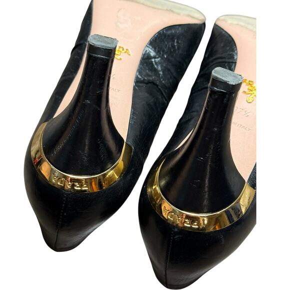 PRADA Peep Toe Heels Women 37.5 Black Leather Classic Luxury Vintage Pinup Logo - Picture 16 of 16
